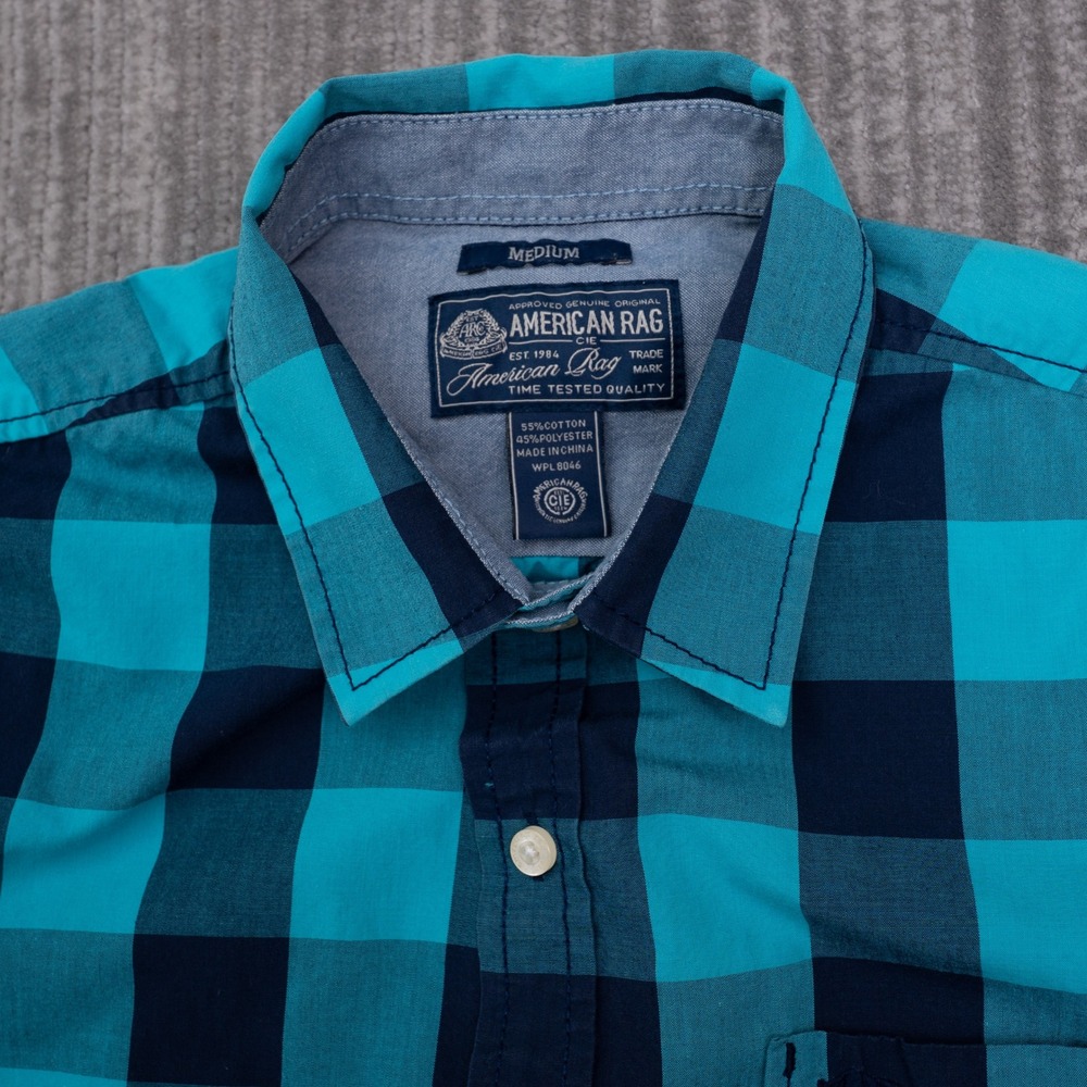 American Rag Button Up Shirt Mens Medium Blue Excellent Buffalo Plaid LongSleeve - Picture 8 of 9